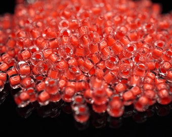 410 EUR/kg || 10g Crystal - Red Neon-Lined Czech Seed Beads Matubo, 8/0 oder 6/0, Rocailles Schmuck DIY, Mini-Perlen