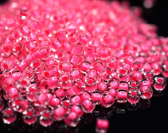 410 EUR/kg || 10g Crystal - Pink Neon-Lined Czech Seed Beads Matubo, 8/0 oder 6/0, Rocailles Schmuck DIY, Mini-Perlen