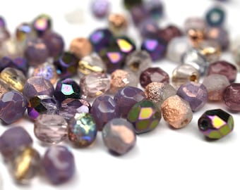 50 Mix Amethyst Pink Violet Bohemian Beads 4mm, Czech Fire Polished Faceted Glass Beads DIY Glass Cut 4mm