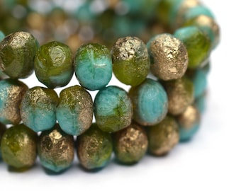 10 Seaglass Turquoise & Olivine Gold Rondelle Bohemian Beads 6 x 9mm Czech Fire Polished Faceted Glass Beads DIY Glass Cut