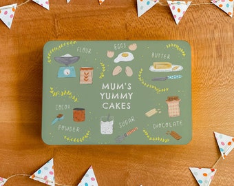Op de afbeelding: Een groene rechthoekige bakvorm met illustraties van taartingrediënten, waaronder bloem, eieren, boter, cacaopoeder, suiker en chocolade. De vorm heeft de tekst "Mum's Yummy Cakes" in het midden.