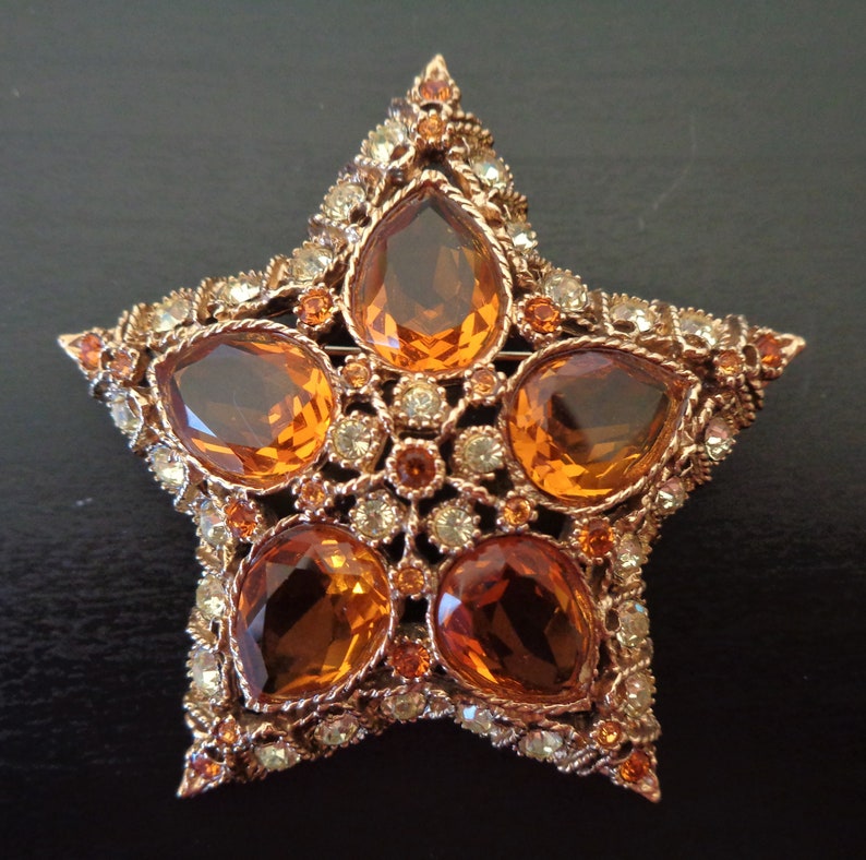 NIB. Open Work Signed Kenneth Jay Lane Citrine Orion Star Brooch Old Stock Authentic KJL