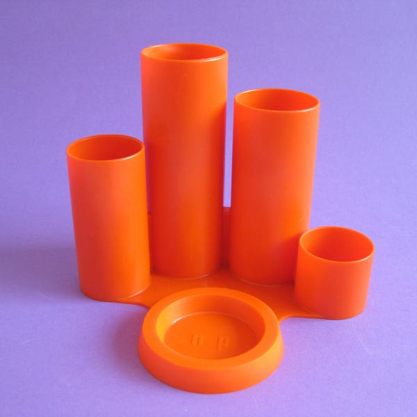 Modernist 1970's Orange Plastic Desk Organizer Pencil Holder Caddy NP West Germany  Industrial Design  70s  Space Age
