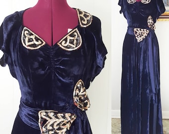 60s does 30s Blue Silk Velvet Gown Reproduction With Sequin Applique and Belt, Art Deco Evening Gown