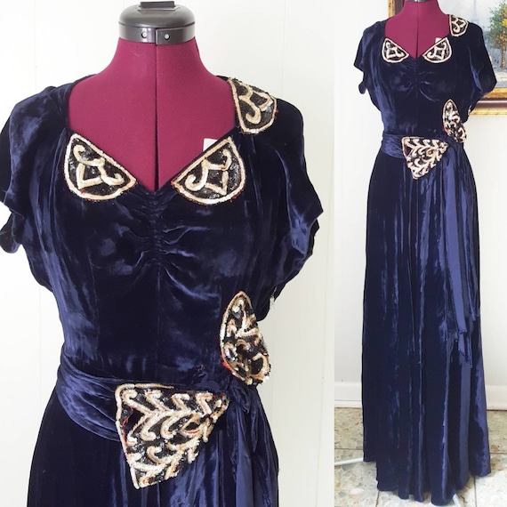 30s Blue Silk Velvet Gown With Sequin Applique and