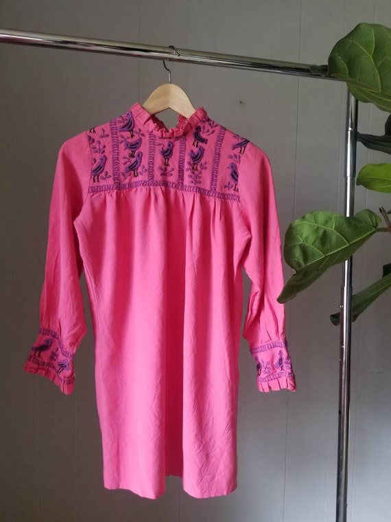 60s Kristian Hippie Pink Embroidered Peasant Dres… - image 2