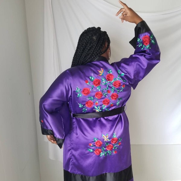 2000s Chinese Purple Silk Robe with Red Rose and Butterfly Embroidery - Silk Satin - Mandarin