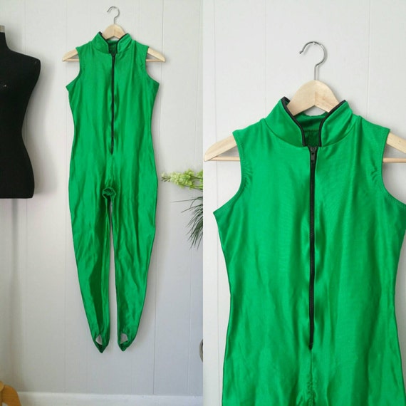 Green Vintage Disco Spandex Unitard Bodysuit with