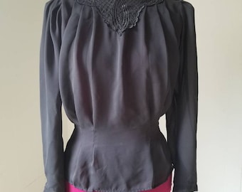 80s 90s Sheer Black Victorian Style Blouse by At Once | Labeled Size Medium