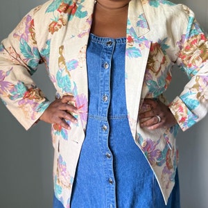 80s 90s Liz Claiborne Tan Colorful Floral Linen Blazer Jacket - Statement piece | Labeled Size 14
