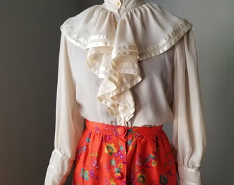 1970s Andree Gaye Cream Ruffled Blouse - 70s - the shirt off my back - button front | Labeled Size 7/8