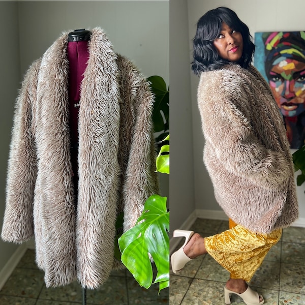 70 Braefair Faux Mongolian Fur Shag Coat - Chunky - Fuzzy - 1970s Hippie | Labeled Size 12