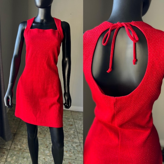 90s Tabloids Red Glittle Mini Dress with Open Back