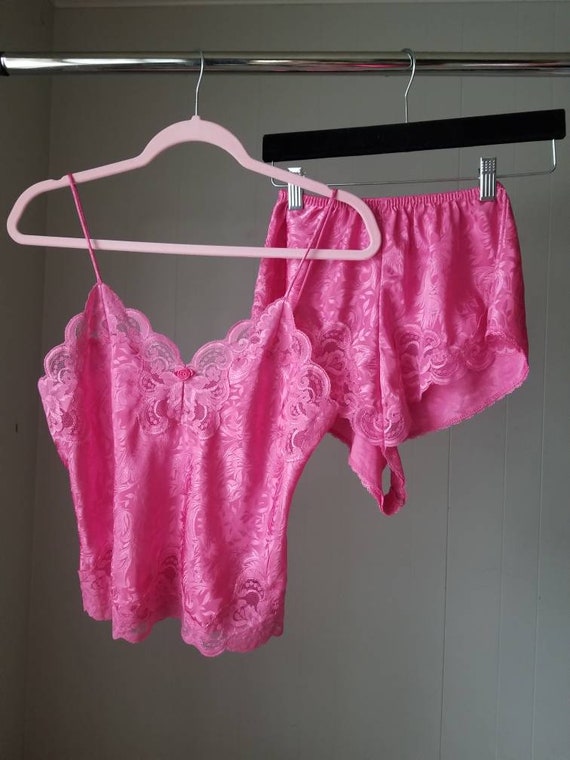 80s 90s Pink Lingerie Set - Lace Trim - Bubble Gu… - image 1