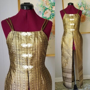 70s Mandarin Golden Overdress - Vest Dress - Cheongsam - Asian- Metallic - Riding Coat