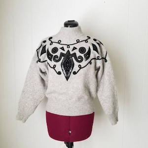 80s Evan Davies Embellished Grey and Black Sweater - Lambswool and Angora | Labeled Size Large