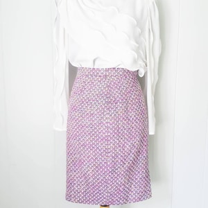 90s Escada Lavender Purple Tweed Pencil Skirt with Rainbow Colors | Labeled Size 36