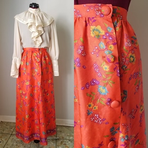 60s Janee Lynn Orange Floral Maxi Skirt - Asymmetrical - Button Front - Flower Power - Hippie - Prairie- Boho - Bohemian