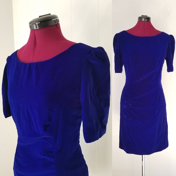 80s Blue Velvet Mini Dress - image 1