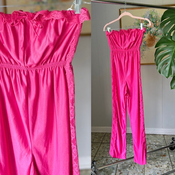 70s 80s Bonnie Pink Jumpsuit with Lace Trim - image 1