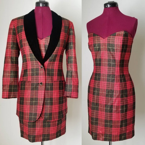 80s Anne Klein Red Plaid Dress Suit - Matching Dr