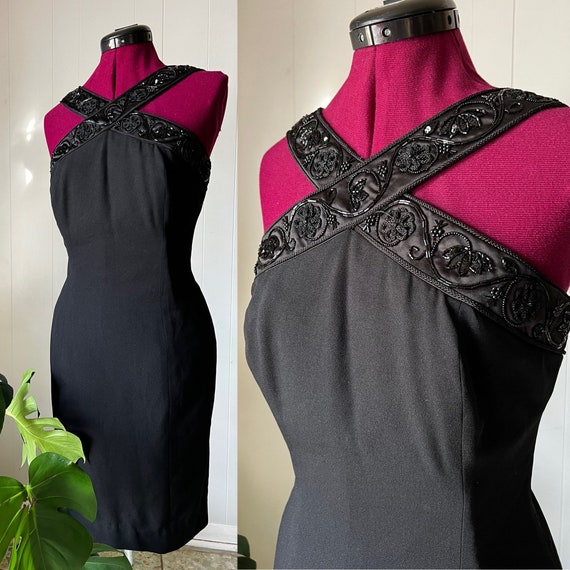 90s Rimini Black Strappy Beaded Mini Dress - image 1