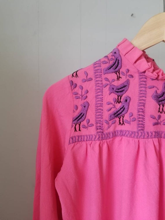 60s Kristian Hippie Pink Embroidered Peasant Dres… - image 4