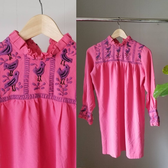 60s Kristian Hippie Pink Embroidered Peasant Dres… - image 1