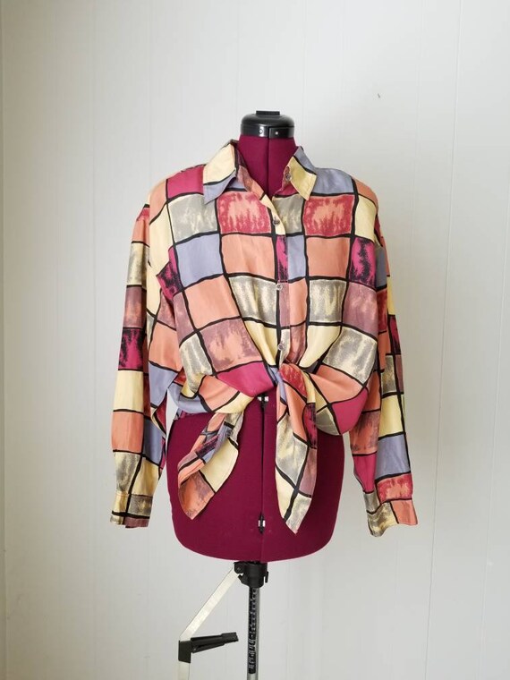 90s Colorful Silk Geometric Print Blouse by