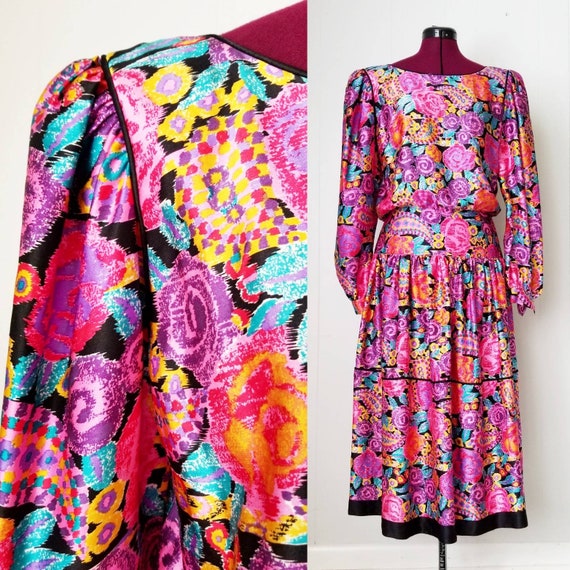 80s Silk Pop Art Colorful Dress Western Maggie Lon