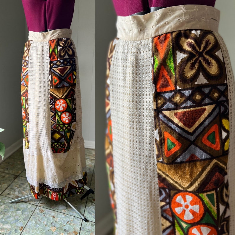 60s Retro Tiki Tumbleweeds Psychedelic Crochet Knit Maxi Apron Skirt image 1