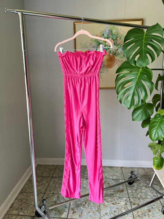 70s 80s Bonnie Pink Jumpsuit with Lace Trim - image 7