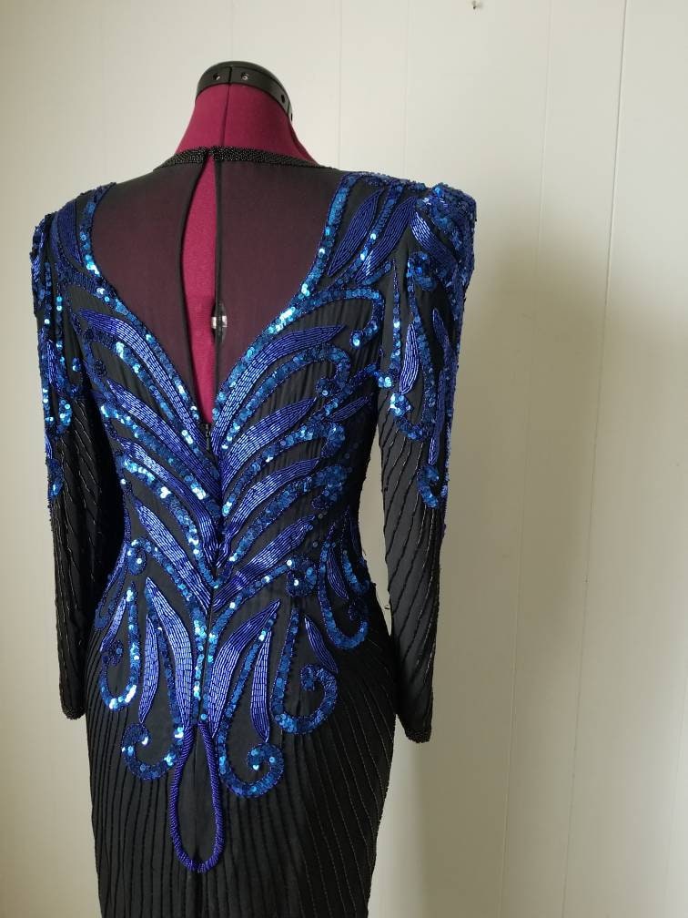 80s 90s AJ Bari Black and Blue Silk Sequined and Beaded Dress - Art Deco Design - Beautiful Contrast - Vintage Dress - Labeled Size 4