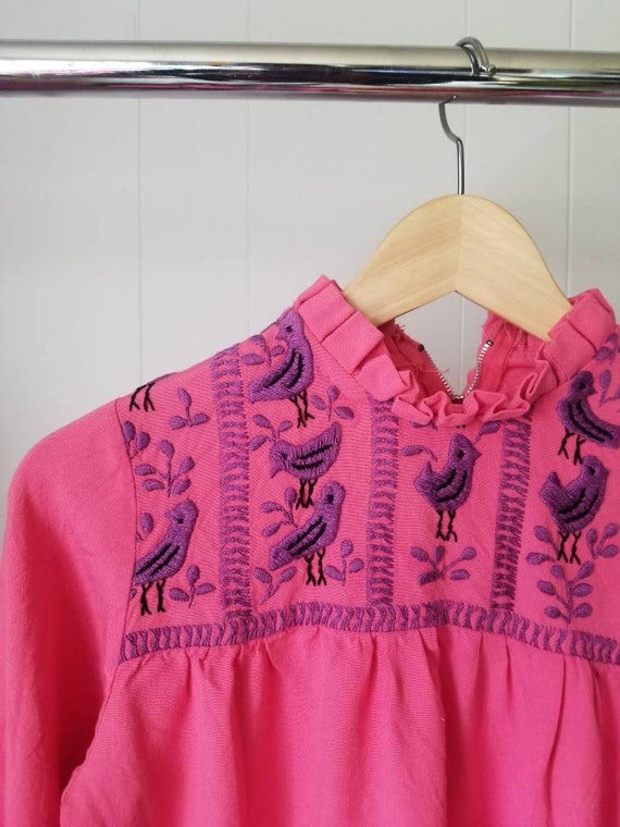 60s Kristian Hippie Pink Embroidered Peasant Dres… - image 3