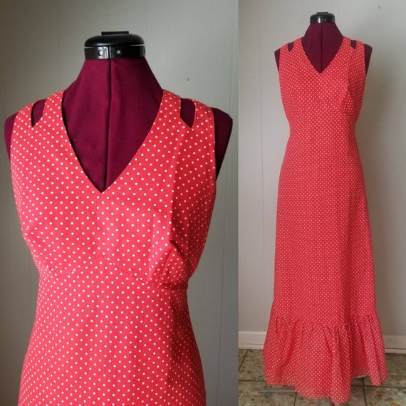 70s Red and White Polka Dot Maxi Dress - Matching Sca… - Gem