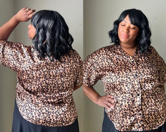 80s Vtg Leopard Print Sequin Long Sleeve Blouse Punk Pin up