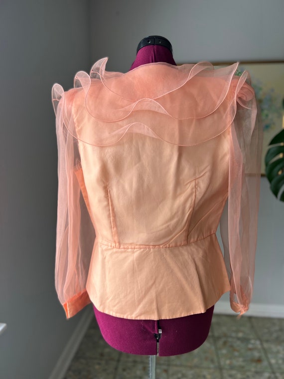 80s Nina Austin Peach Dramatic Sheer Ruffle Blouse - image 5