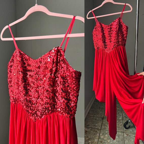 70s 80s C&A Red Sequined Jumpsuit- Hammer Pants - - image 1