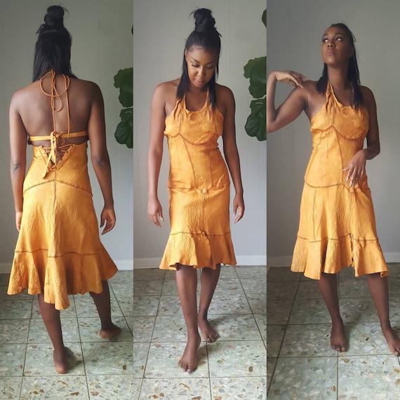 60s 70s Rare North Beach Leather Dress Hand Crafted Whipstitch Leather Halter Open Back Hippie Boho Festival Bohemian