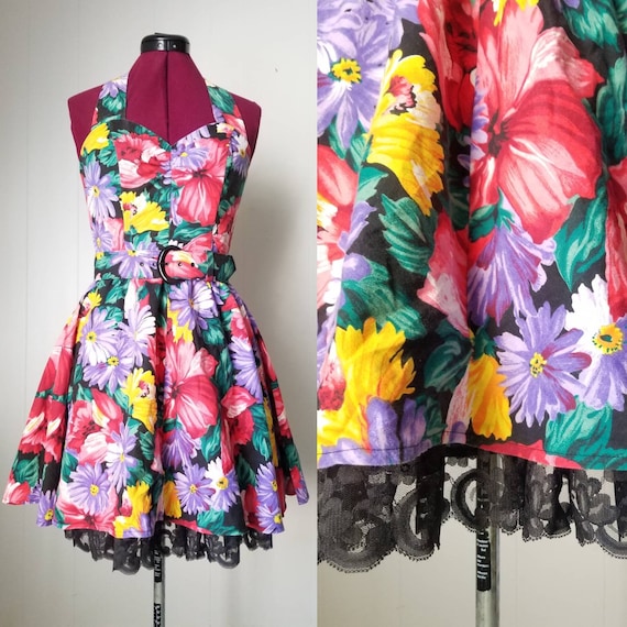 Vintage Nineties 1990s All That Jazz Black Floral Sleeveless Dress