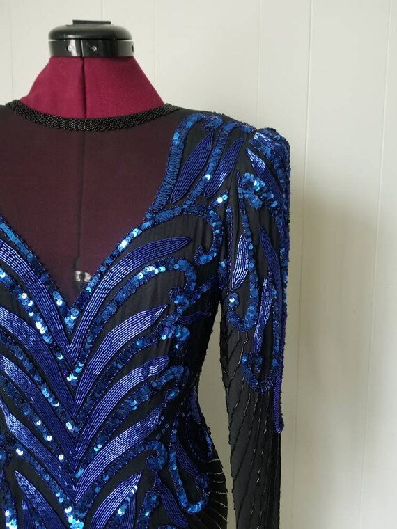 80s 90s AJ Bari Black and Blue Silk Sequined and Beaded