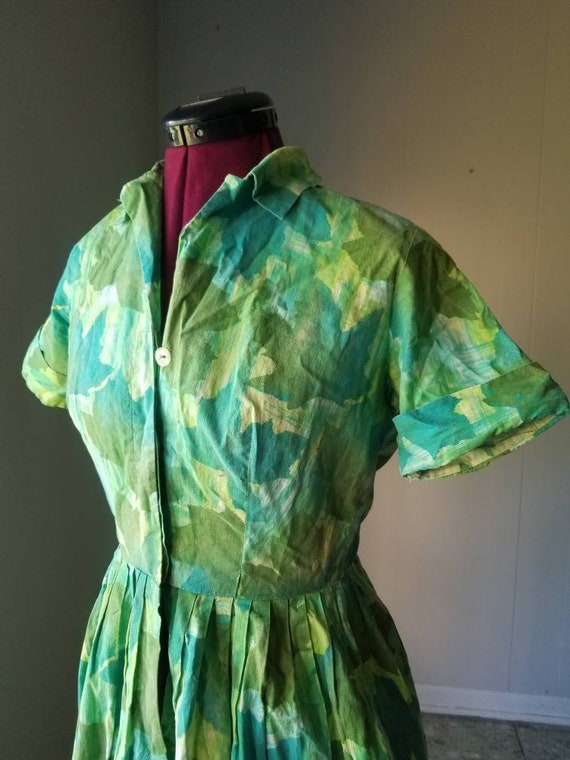 1950s Blue Green Leaf Print Cotton Day Dress Reto … Gem
