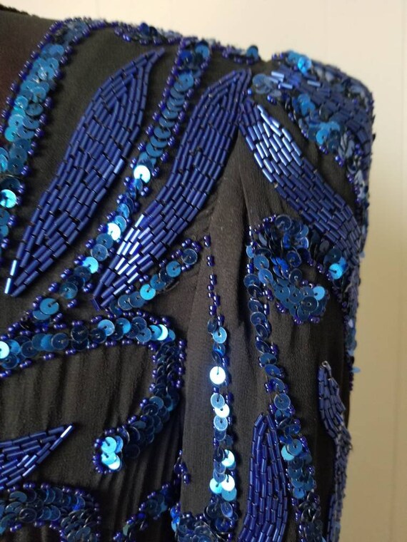80s 90s AJ Bari Black and Blue Silk Sequined and Beaded Dress - Art Deco Design - Beautiful Contrast - Vintage Dress - Labeled Size 4