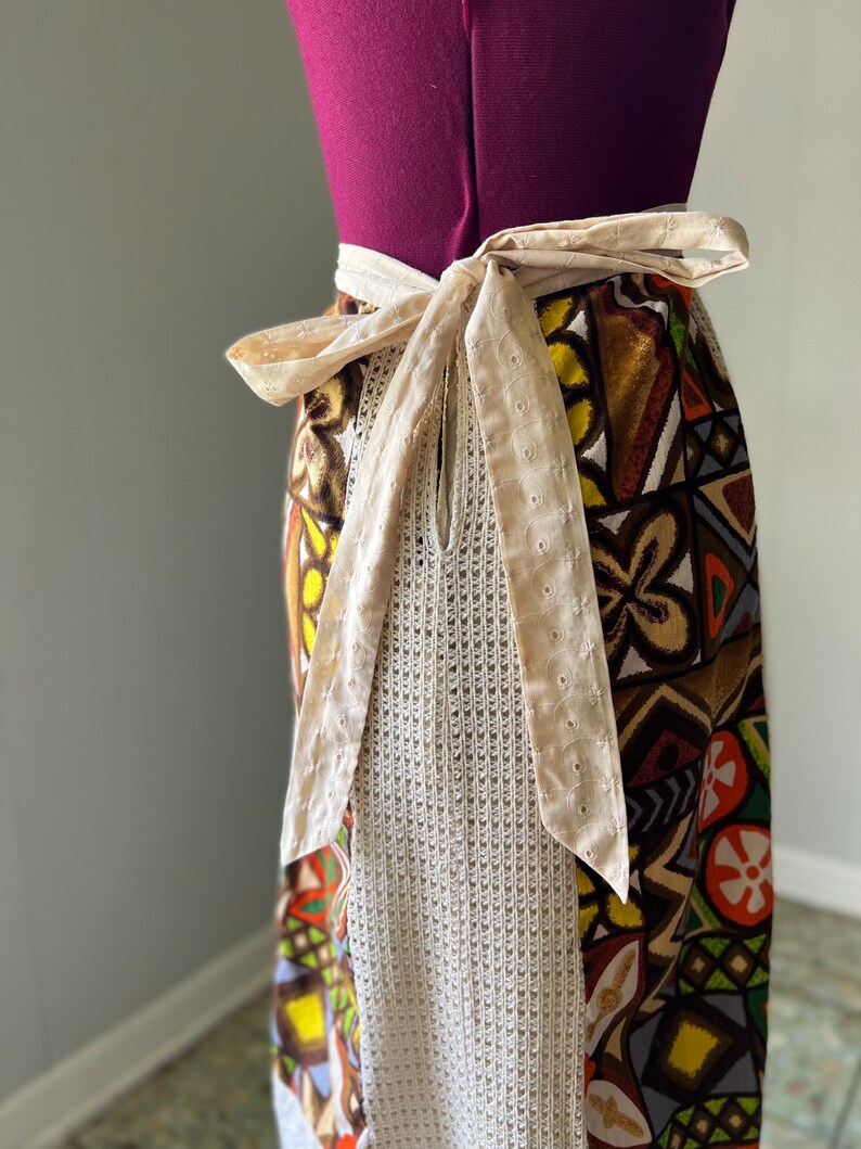 60s Retro Tiki Tumbleweeds Psychedelic Crochet Knit Maxi Apron Skirt image 4