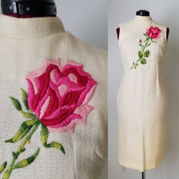 50s Cream Rose Embroidered Mandarin Cheongsam Dres