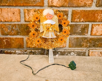 Vintage Lighted Angel Tree Topper, Retro Gold Tinsel Christmas Wreath Topper, Mid Century Angel Tree Peak, 1970s Holiday Decor TLC