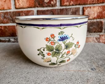Vintage JCPenney Kobe Emaille Rührschüssel, 1980er Jahre weiße Blumen Porzellan Emaille Rührschüssel, Retro Cottagecore Grandmacore Küche