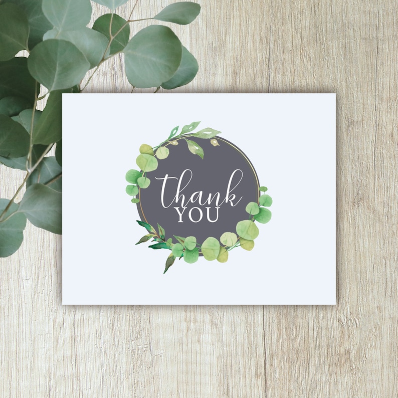 Thank You Card Wedding Blue Eucalyptus Thank You Card Instant Download Rustic Gray Greenery Folded Baby Shower Boy Bridal Shower