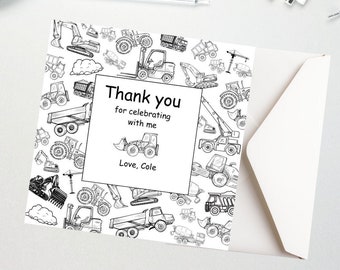 Heavy Equipment Boys Birthday Thank You Card, Customizable, Instant Download, Boys Thank You Card, 3.5x3.5 in, Construction Thank You Card