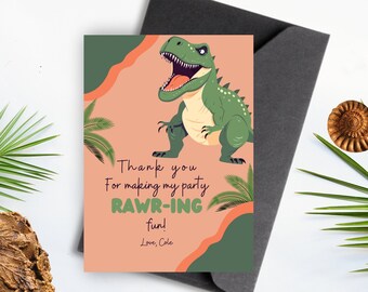 Dinosaur Thank You For Making My Party Rawring Fun Instant Download, Edit Using Canva, Dinosaur Themed Thank You Card 5x7 Portrait